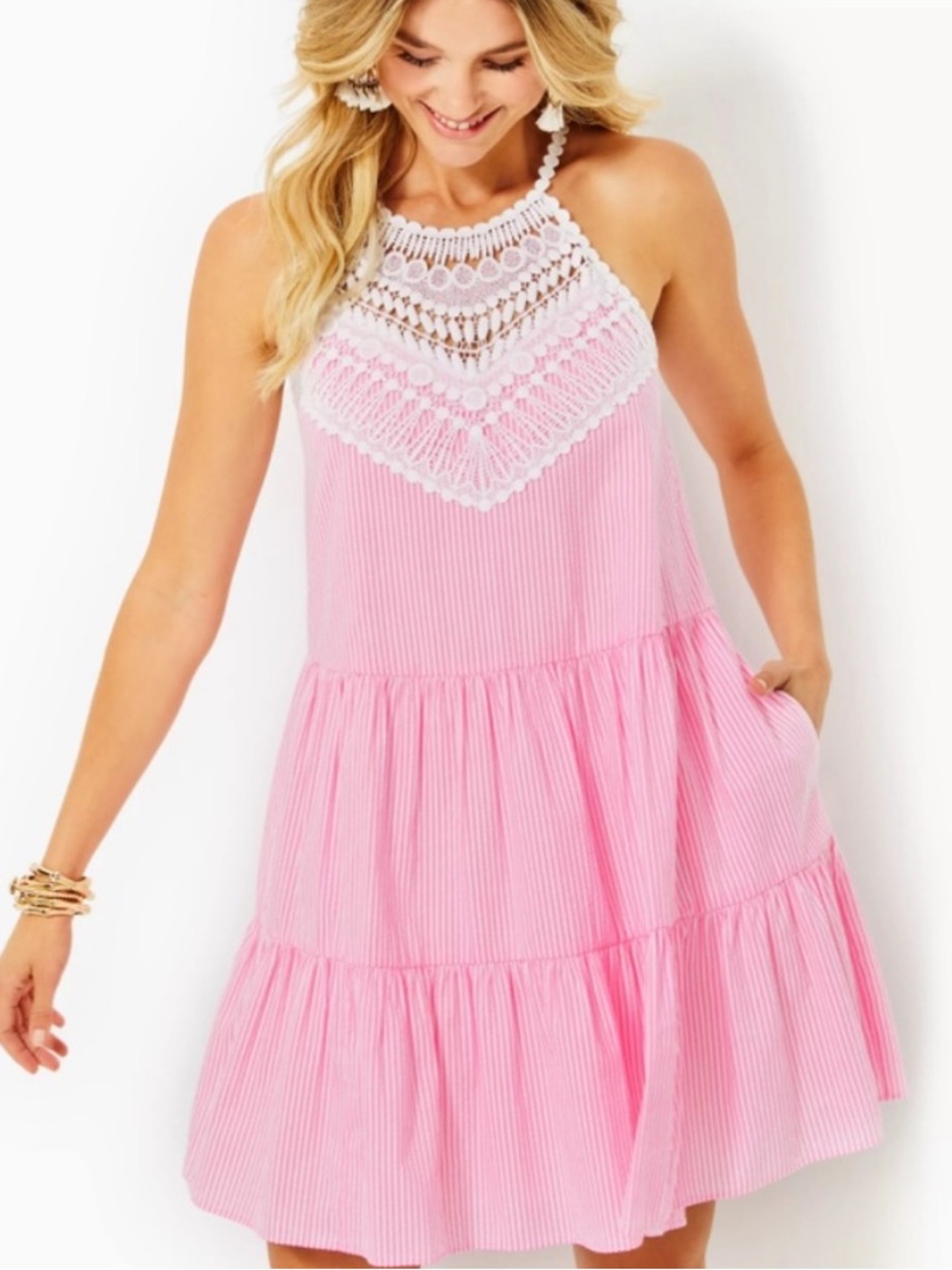 Lily Pulitzer BRITT SEERSUCKER STRIPED HALTER‎ DRESS Havana Pink Size 8 New